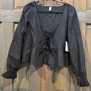 Black Long Sleeve Blouse with Tie Front size medium NWT